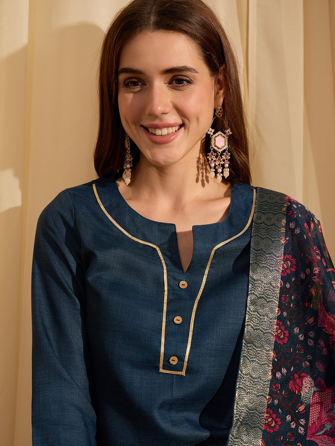 Janasya Women's Teal Blue Cotton Blend Yoke Design Straight Kurta Set with Printed Jacquard Dupatta