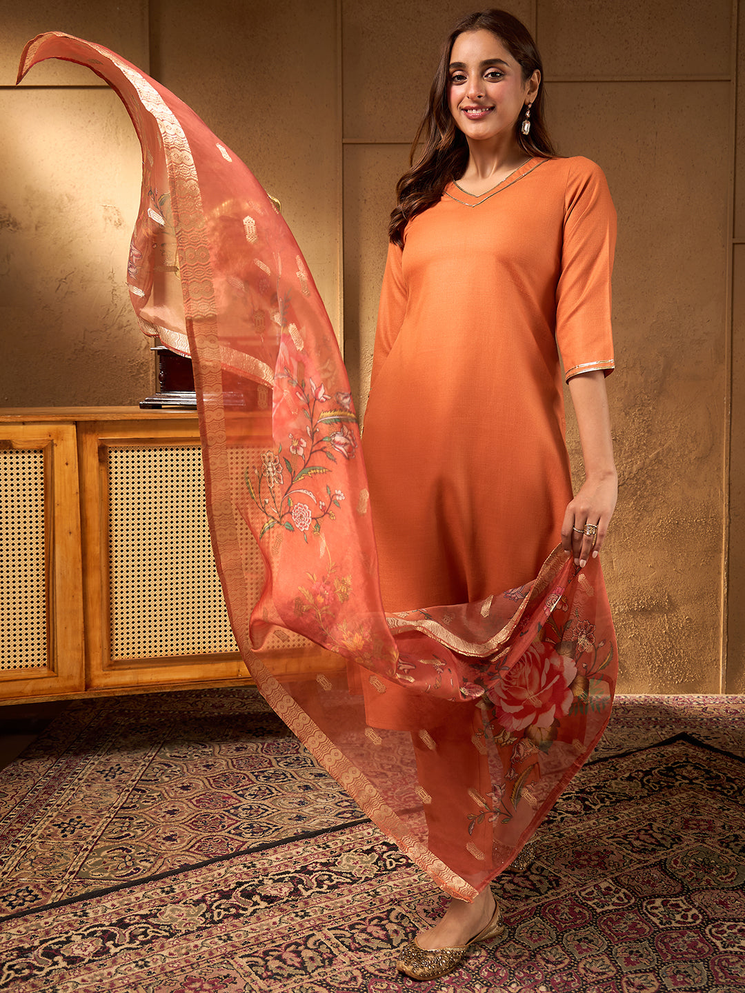 Janasya Women's Rust Cotton Blend Yoke Design Straight Kurta Set with Jacquard Dupatta