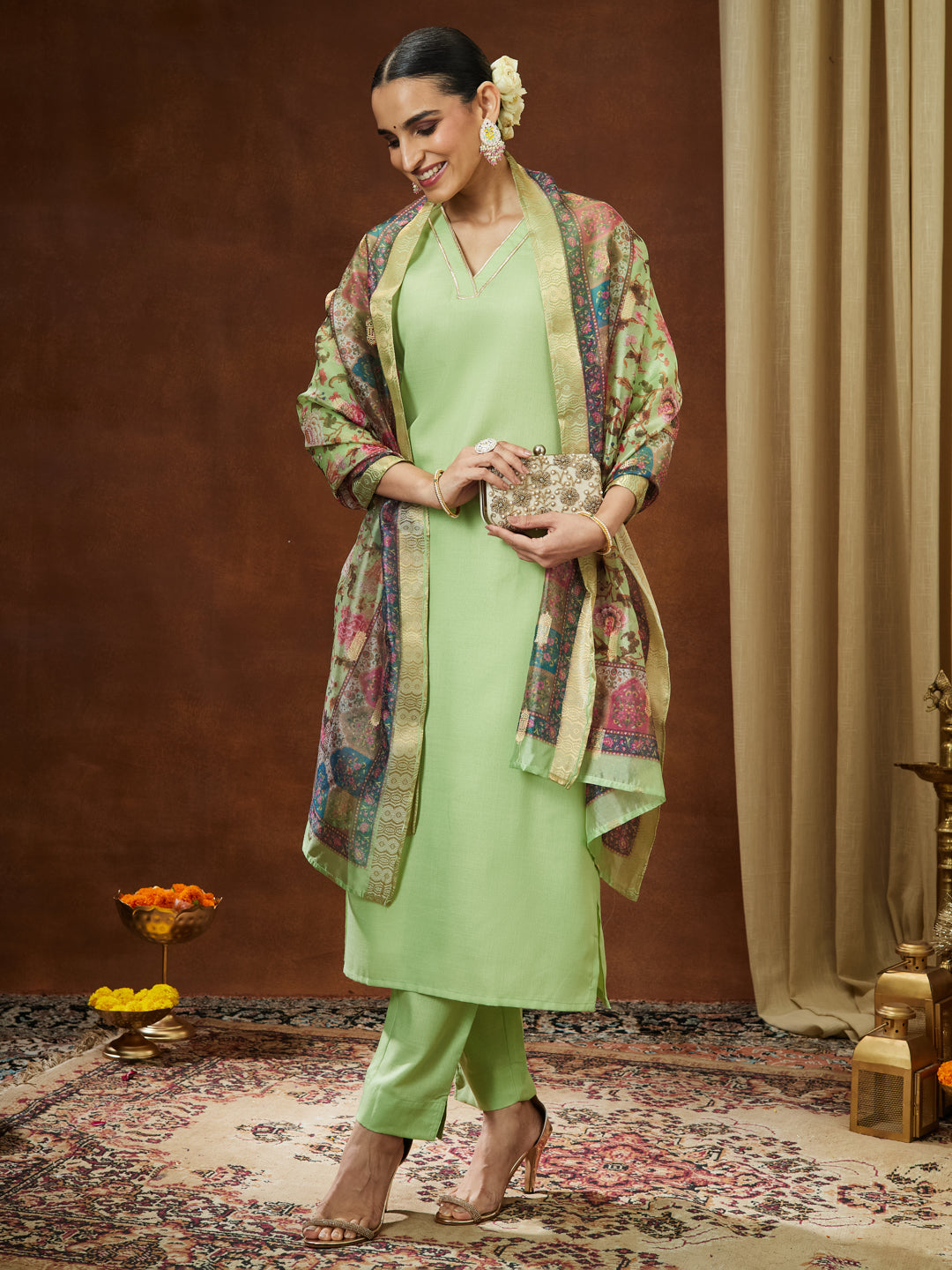 Janasya Women's Mint Green Cotton Blend Yoke Design Straight Kurta Set With Printed Jacquard Dupatta