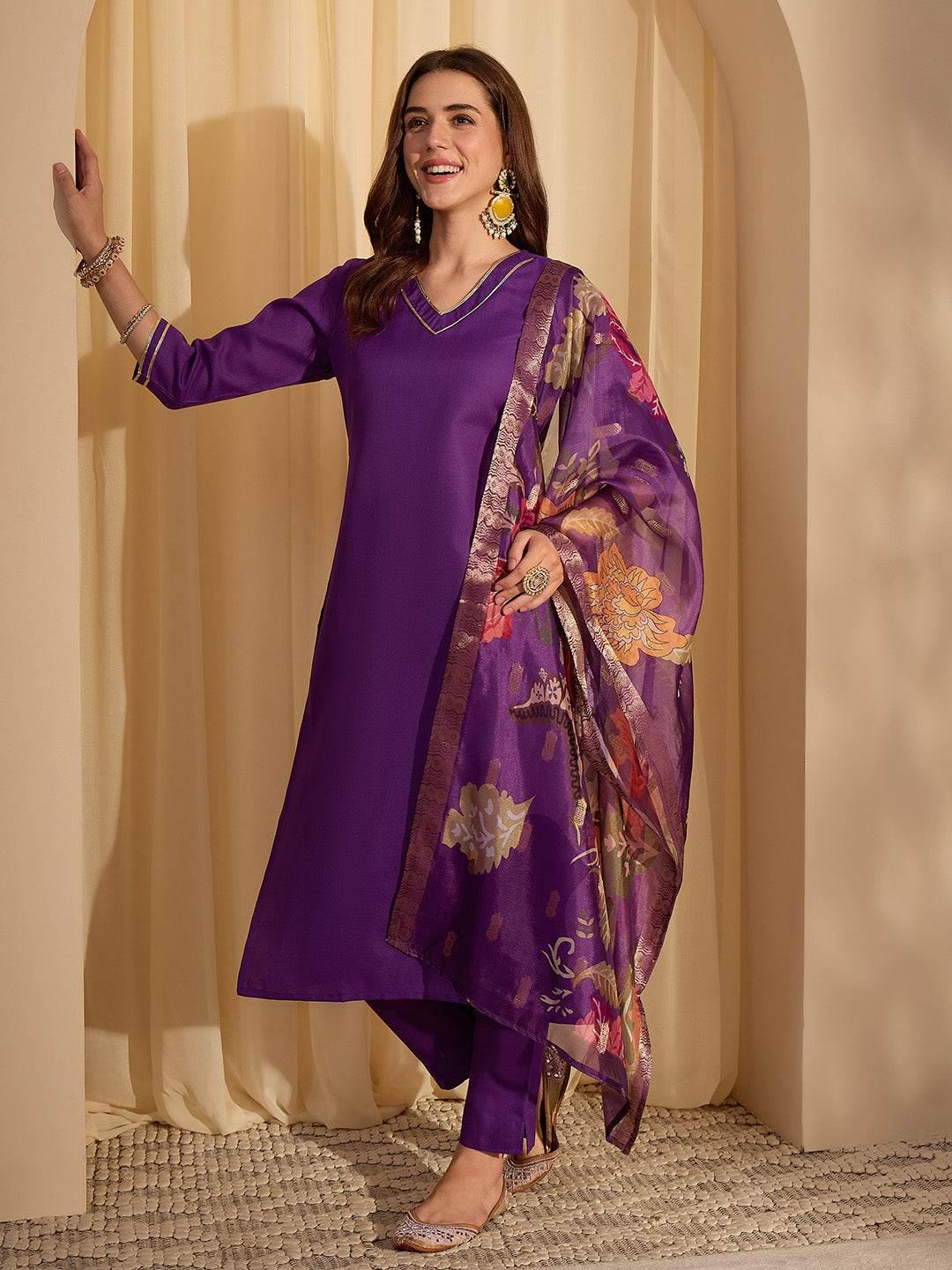 Janasya Women's Purple Cotton Blend Solid Straight Kurta Set with Printed Jacquard Dupatta