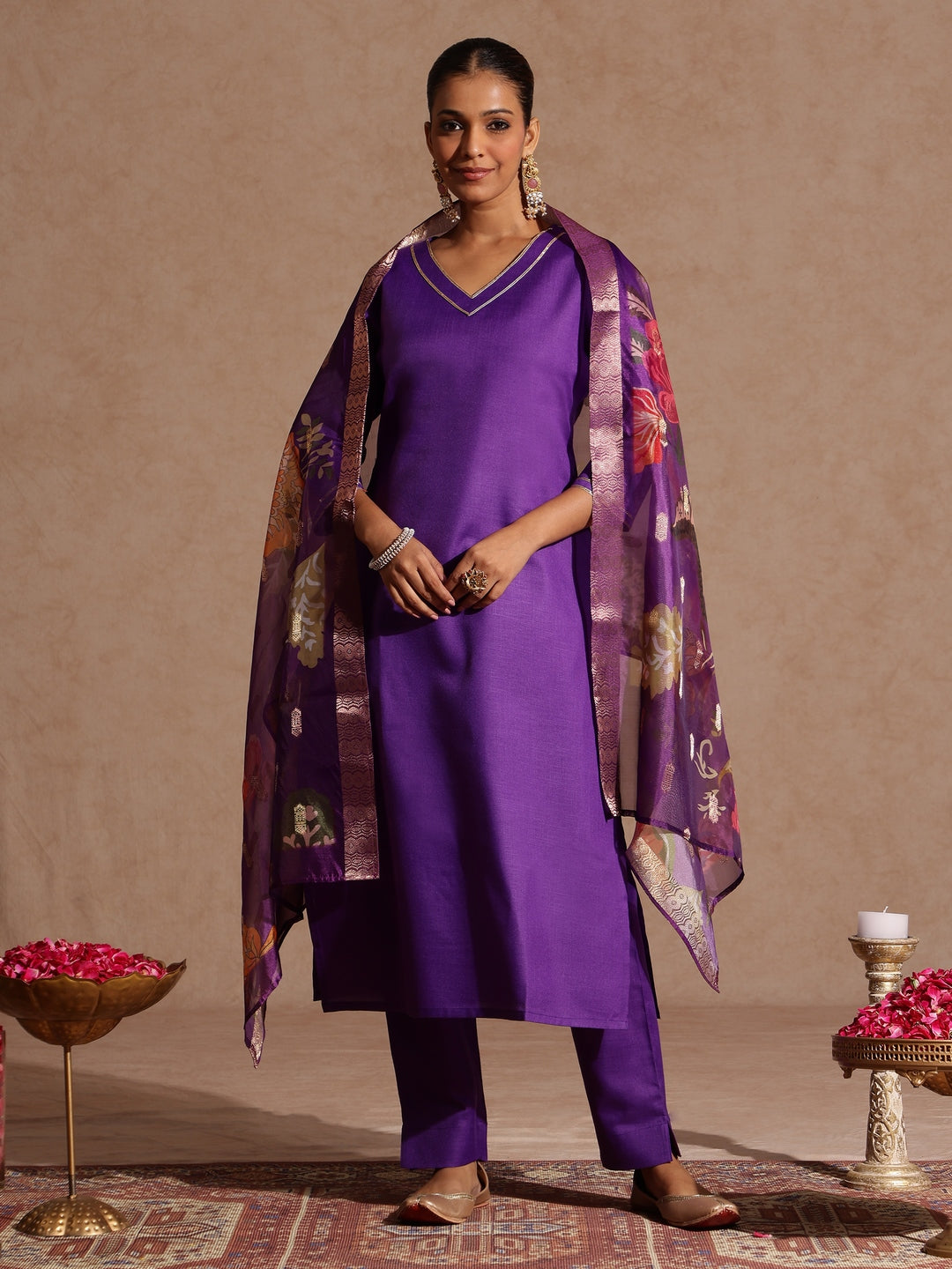Janasya Women's Purple Cotton Blend Yoke Design Straight Kurta Set With Printed Jacquard Dupatta