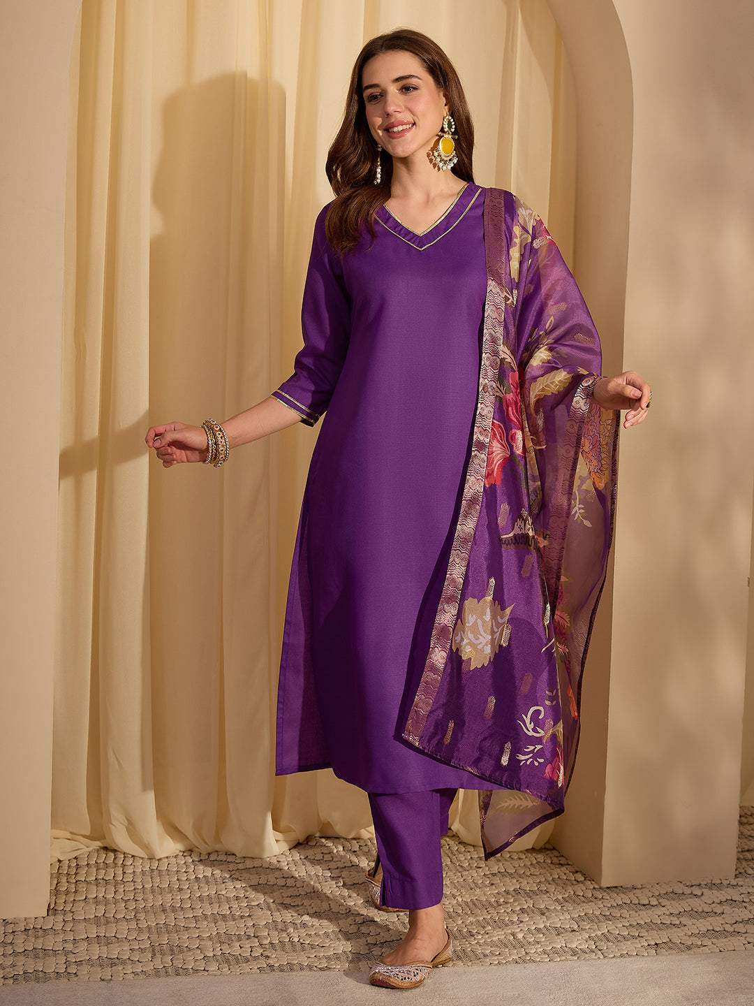 Janasya Women's Purple Cotton Blend Solid Straight Kurta Set with Printed Jacquard Dupatta
