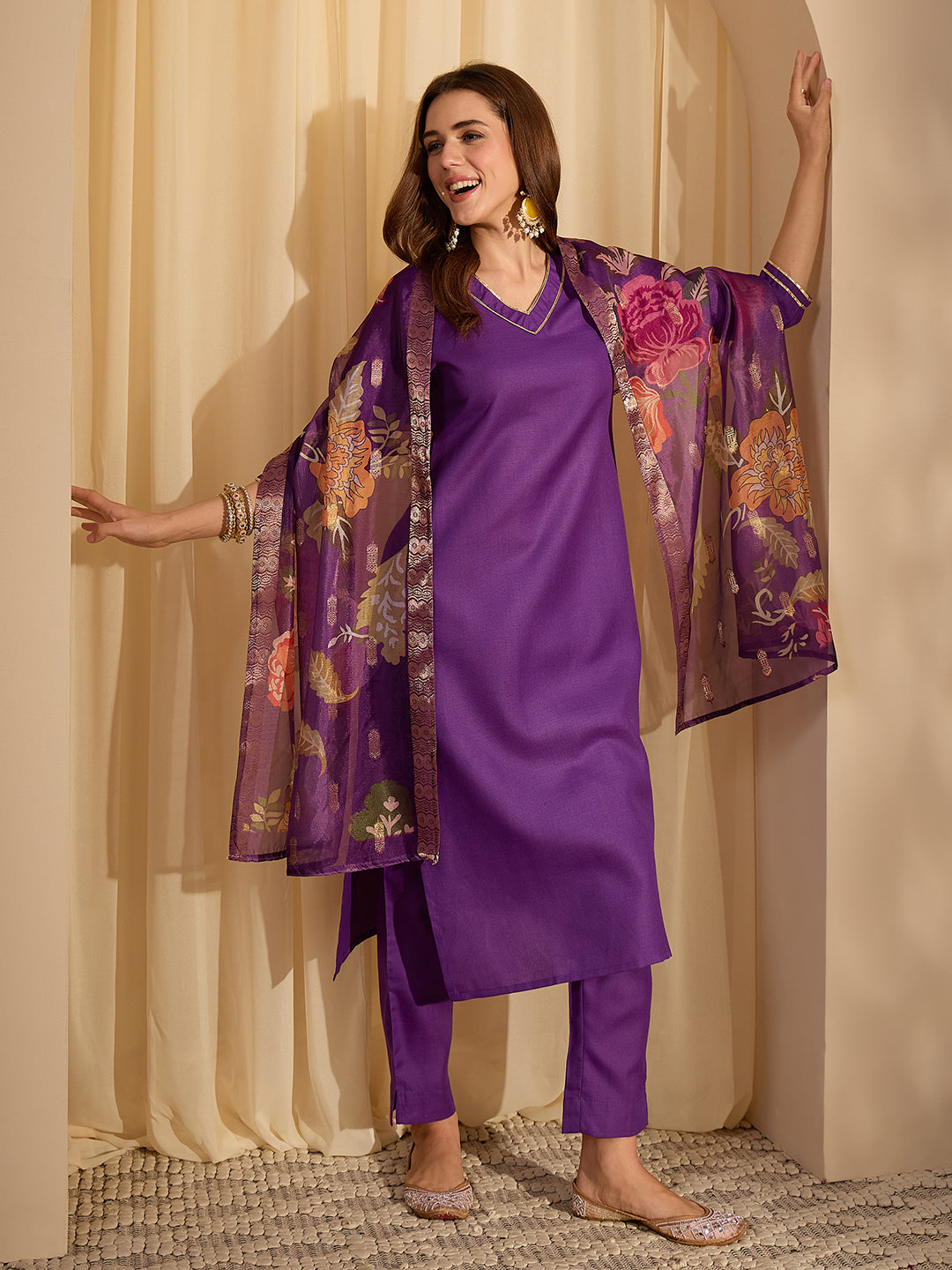 Janasya Women's Purple Cotton Blend Solid Straight Kurta Set with Printed Jacquard Dupatta
