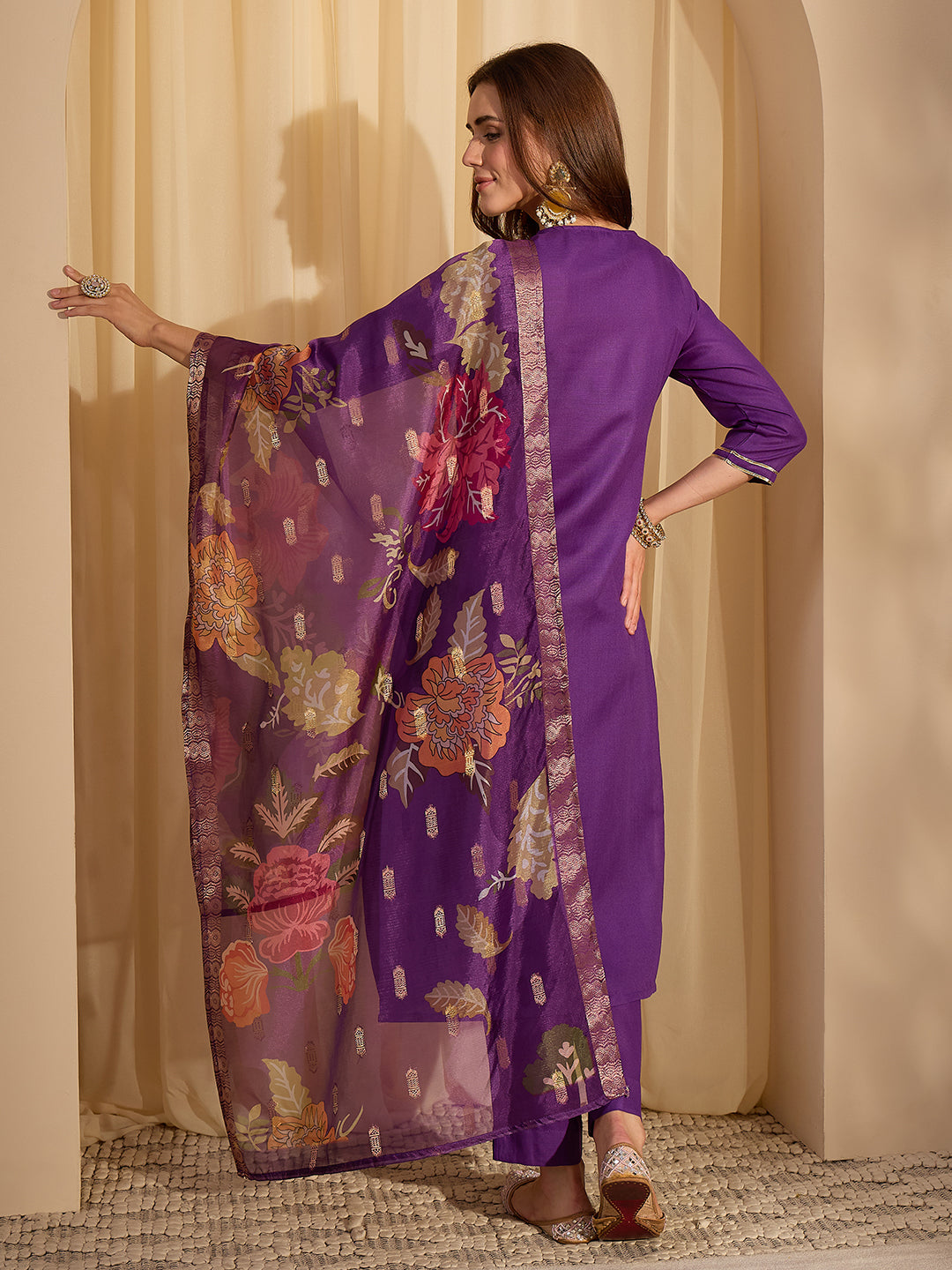 Janasya Women's Purple Cotton Blend Solid Straight Kurta Set with Printed Jacquard Dupatta