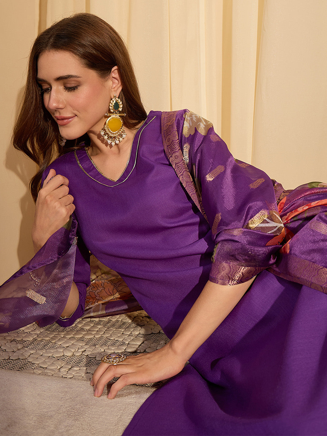 Janasya Women's Purple Cotton Blend Solid Straight Kurta Set with Printed Jacquard Dupatta
