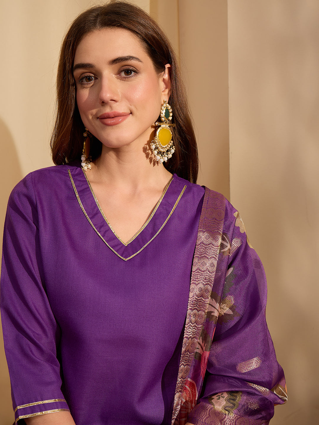 Janasya Women's Purple Cotton Blend Solid Straight Kurta Set with Printed Jacquard Dupatta