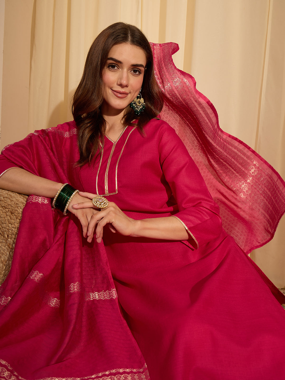 Janasya Women's Pink Cotton Blend Yoke Design Straight Kurta Set with Jacquard Dupatta