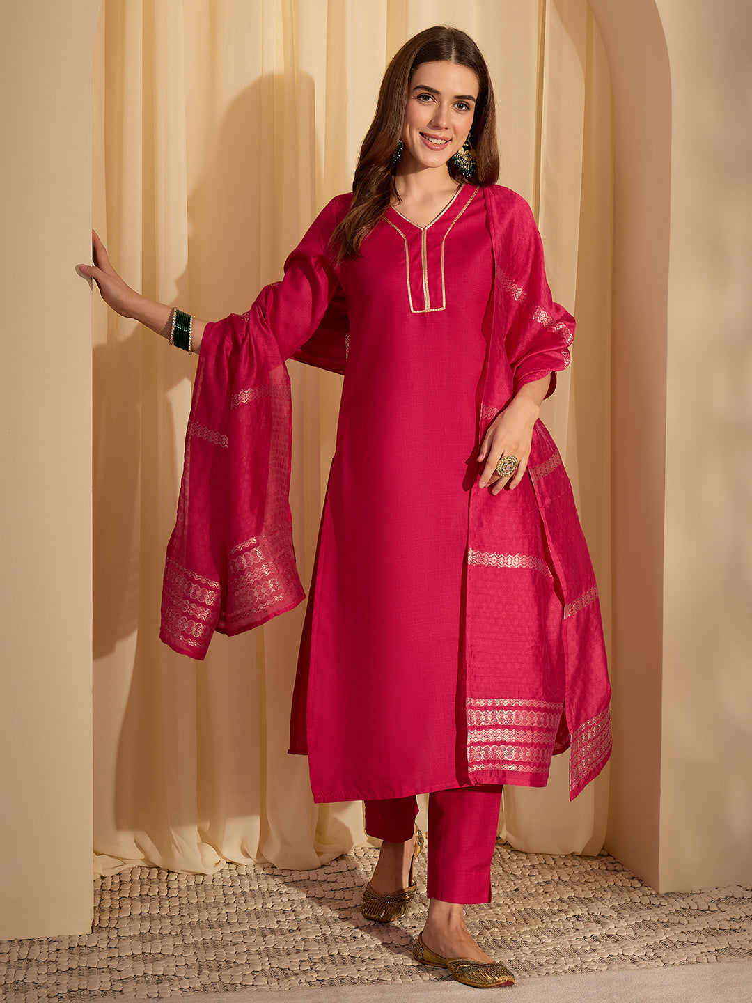Janasya Women's Pink Cotton Blend Yoke Design Straight Kurta Set with Jacquard Dupatta