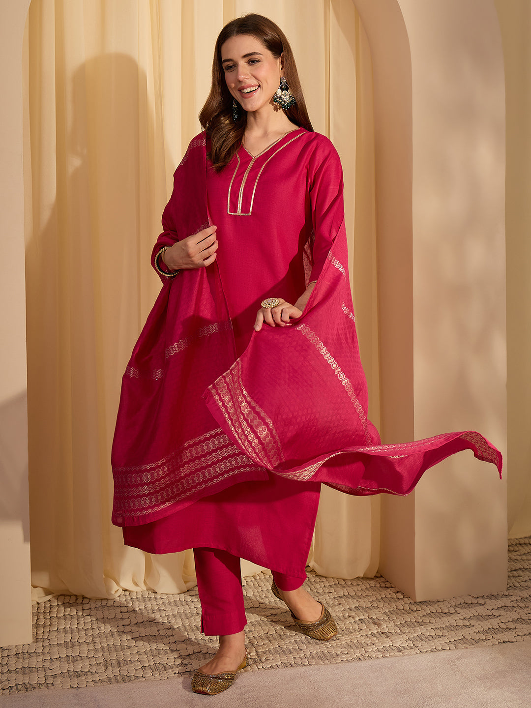Janasya Women's Pink Cotton Blend Yoke Design Straight Kurta Set with Jacquard Dupatta