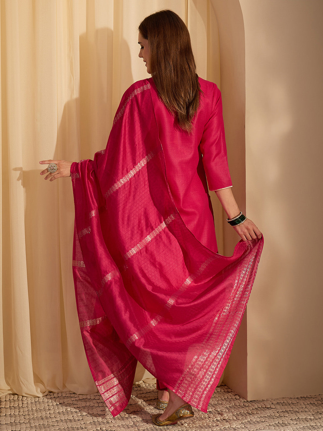 Janasya Women's Pink Cotton Blend Yoke Design Straight Kurta Set with Jacquard Dupatta