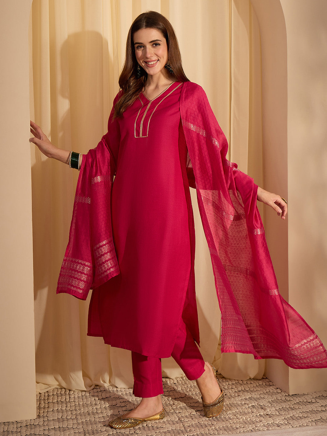 Janasya Women's Pink Cotton Blend Yoke Design Straight Kurta Set with Jacquard Dupatta