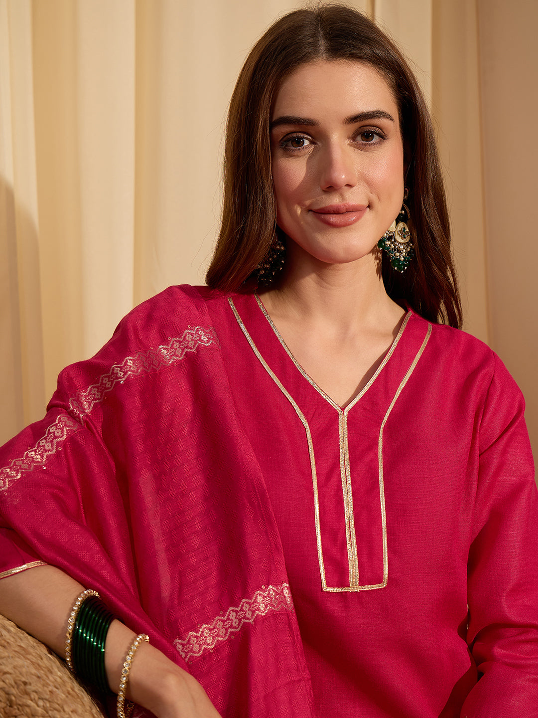 Janasya Women's Pink Cotton Blend Yoke Design Straight Kurta Set with Jacquard Dupatta
