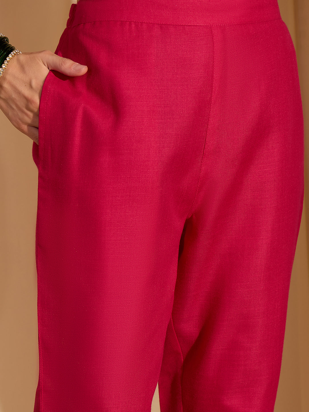 Janasya Women's Pink Cotton Blend Yoke Design Straight Kurta Set with Jacquard Dupatta