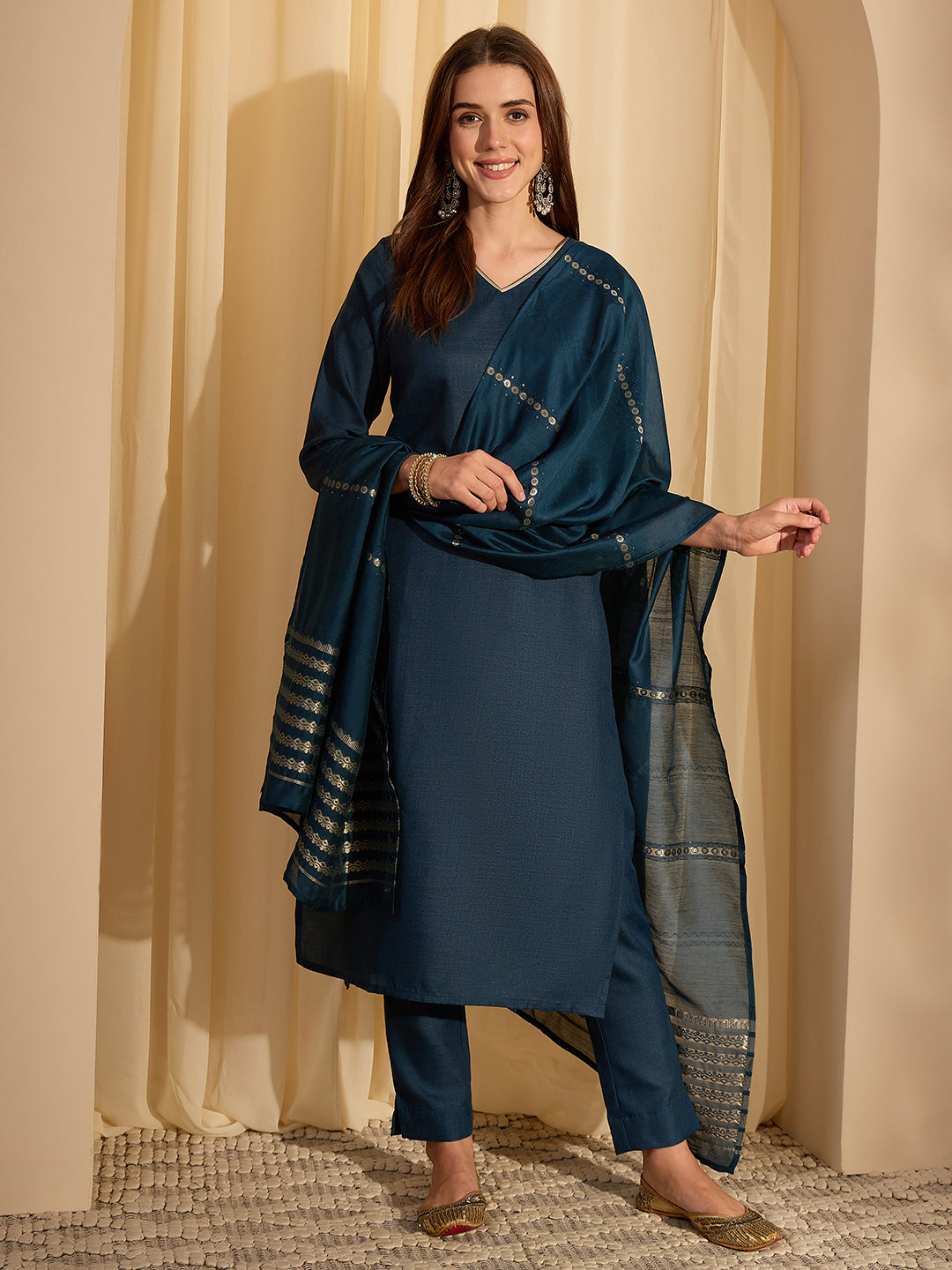 Janasya Women's Teal Blue Cotton Blend Solid Straight Kurta with Jacquard Dupatta Set