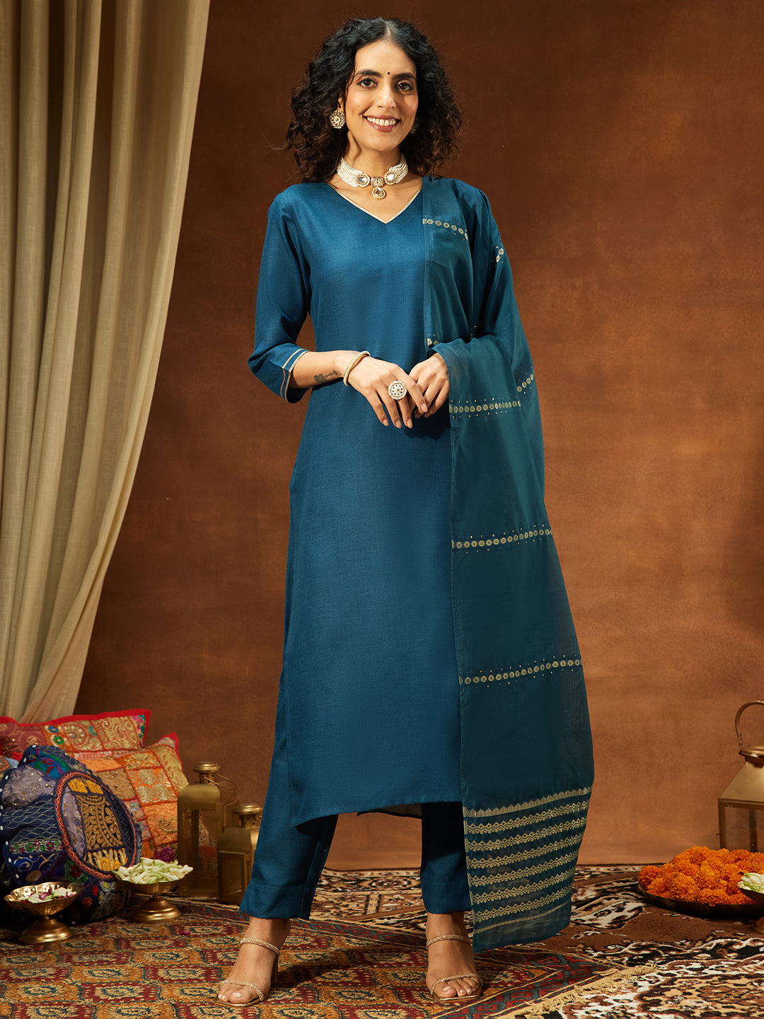 Janasya Women's Teal Blue Cotton Blend Yoke Design Straight Kurta Set