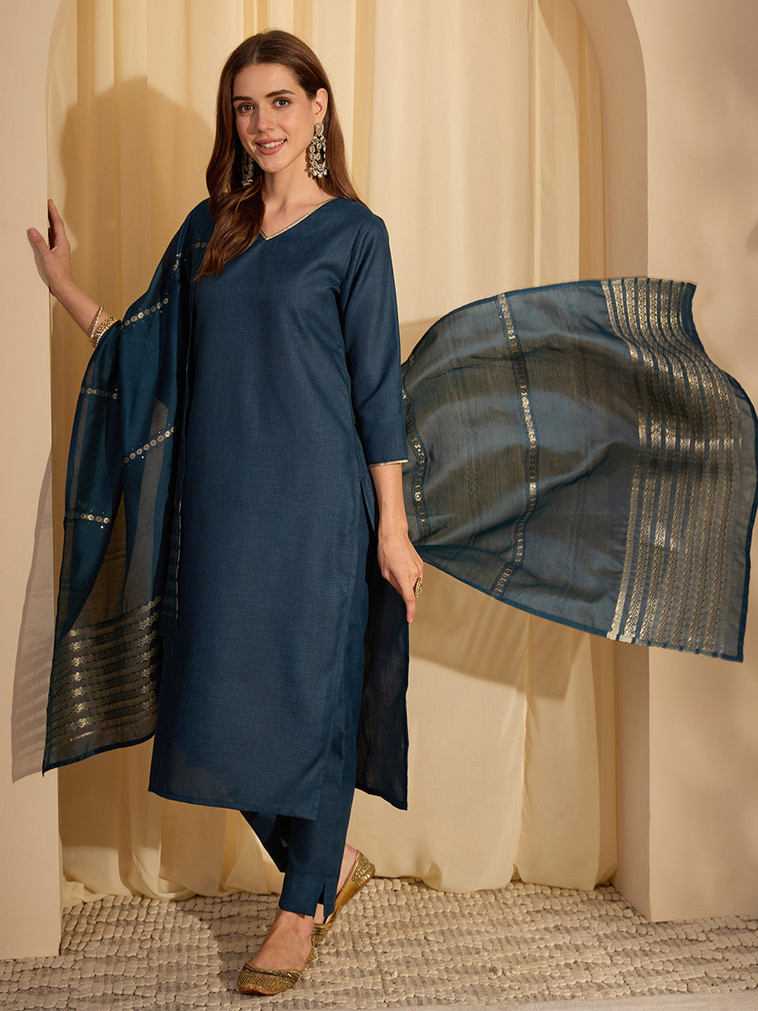 Janasya Women's Teal Blue Cotton Blend Solid Straight Kurta with Jacquard Dupatta Set