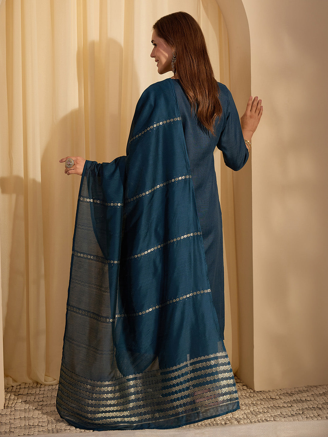 Janasya Women's Teal Blue Cotton Blend Solid Straight Kurta with Jacquard Dupatta Set
