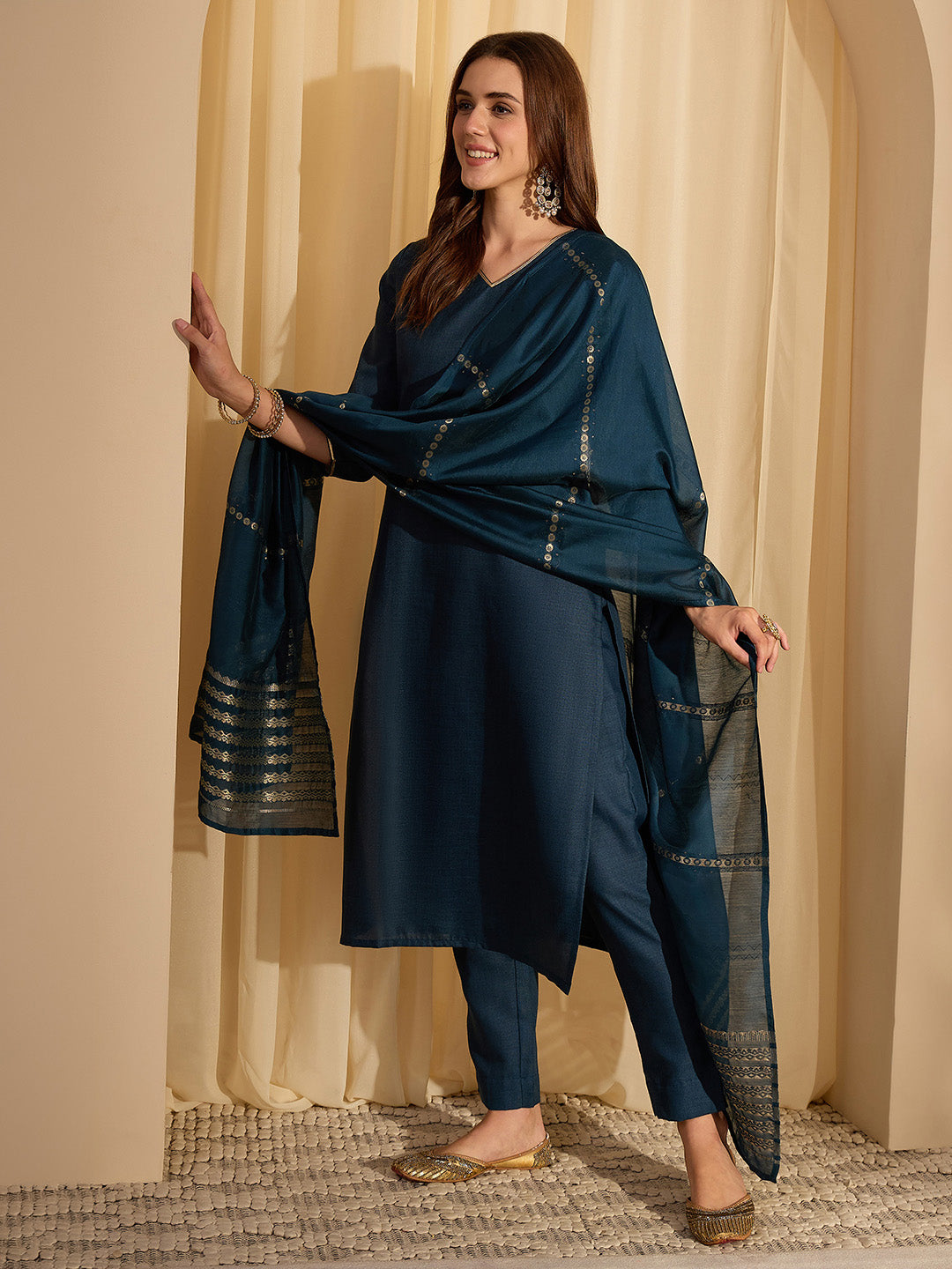 Janasya Women's Teal Blue Cotton Blend Solid Straight Kurta with Jacquard Dupatta Set