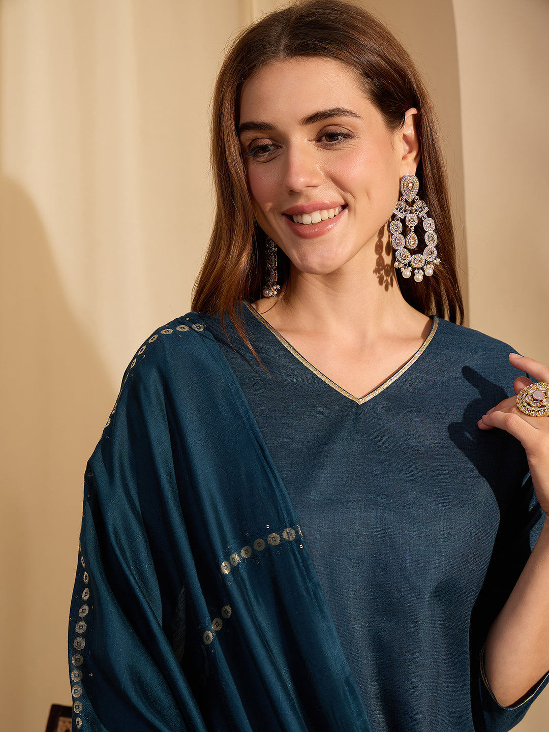 Janasya Women's Teal Blue Cotton Blend Solid Straight Kurta with Jacquard Dupatta Set