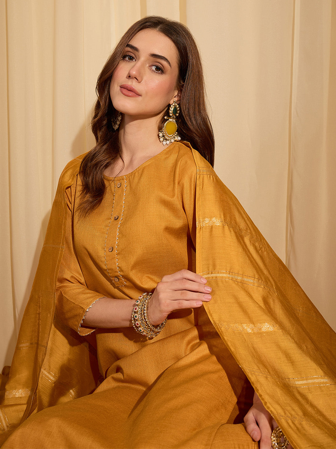 Janasya Women's Mustard Cotton Blend Yoke Design Straight Kurta Set with Jacquard Dupatta