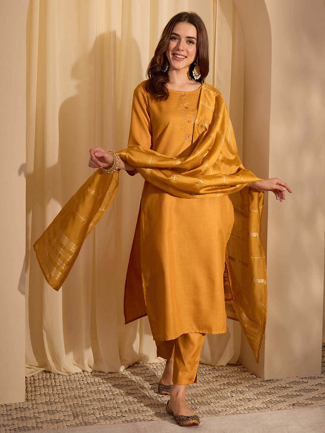 Janasya Women's Mustard Cotton Blend Yoke Design Straight Kurta Set with Jacquard Dupatta