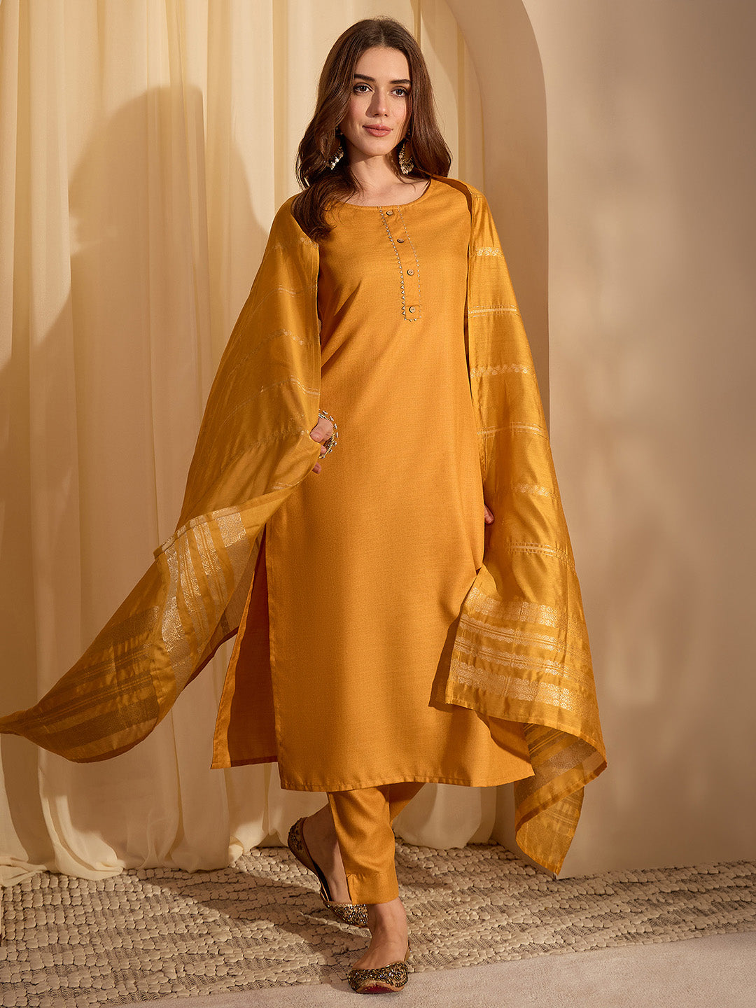 Janasya Women's Mustard Cotton Blend Yoke Design Straight Kurta Set with Jacquard Dupatta