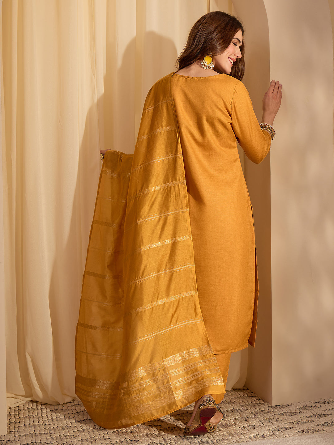Janasya Women's Mustard Cotton Blend Yoke Design Straight Kurta Set with Jacquard Dupatta