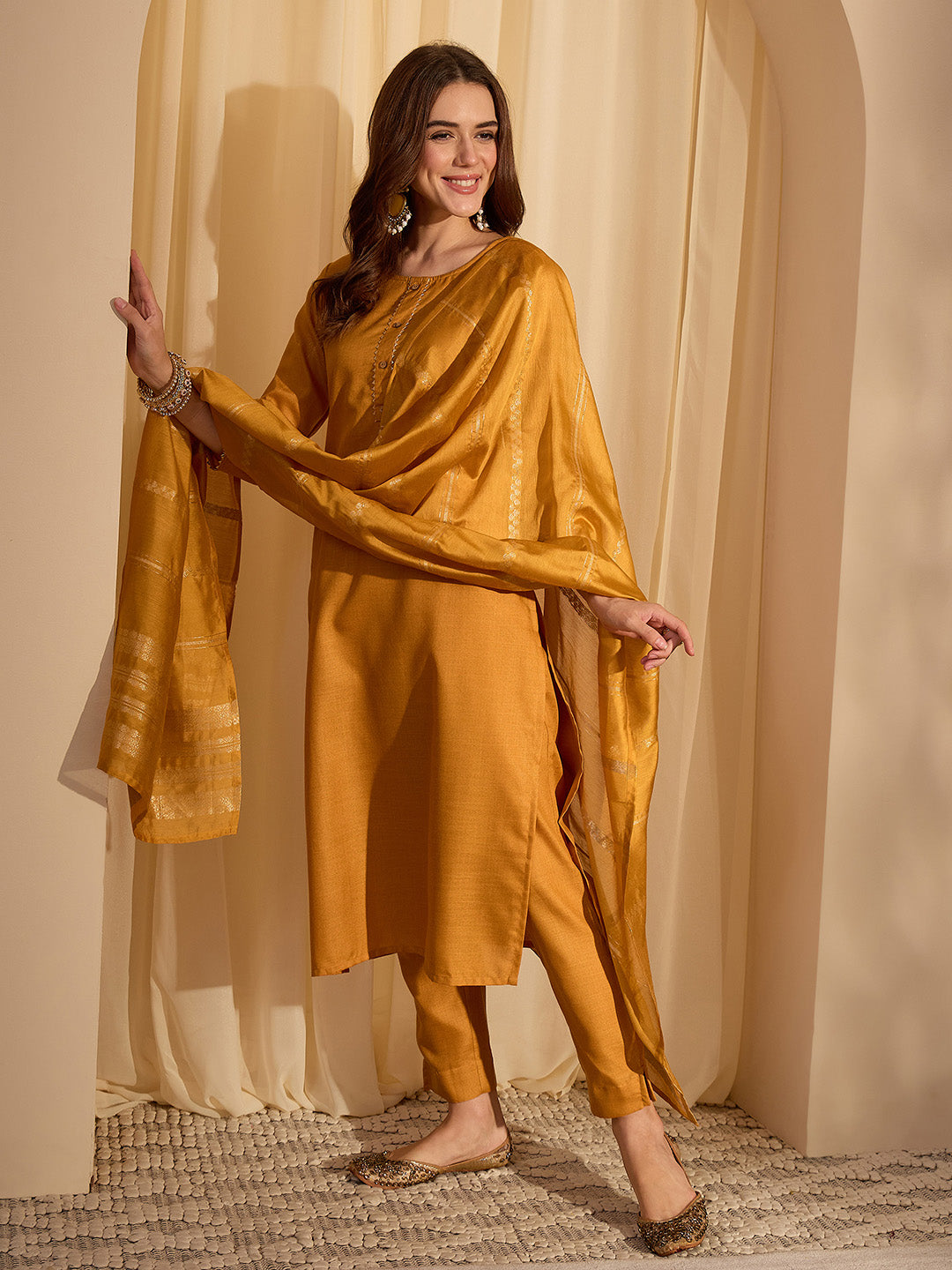 Janasya Women's Mustard Cotton Blend Yoke Design Straight Kurta Set with Jacquard Dupatta