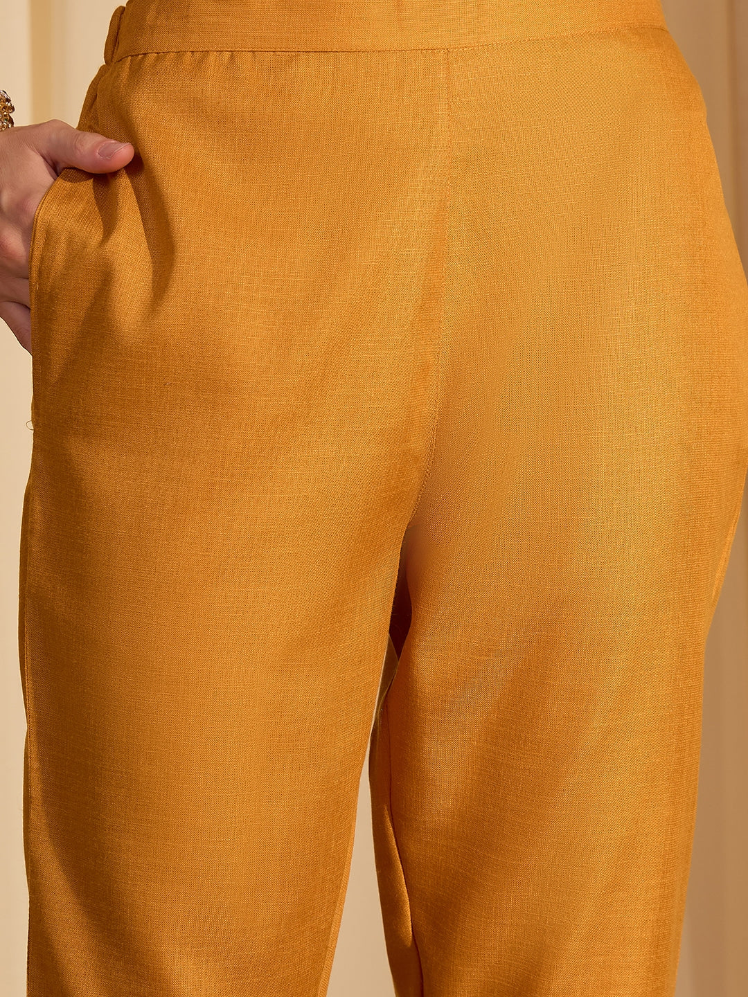 Janasya Women's Mustard Cotton Blend Yoke Design Straight Kurta Set with Jacquard Dupatta