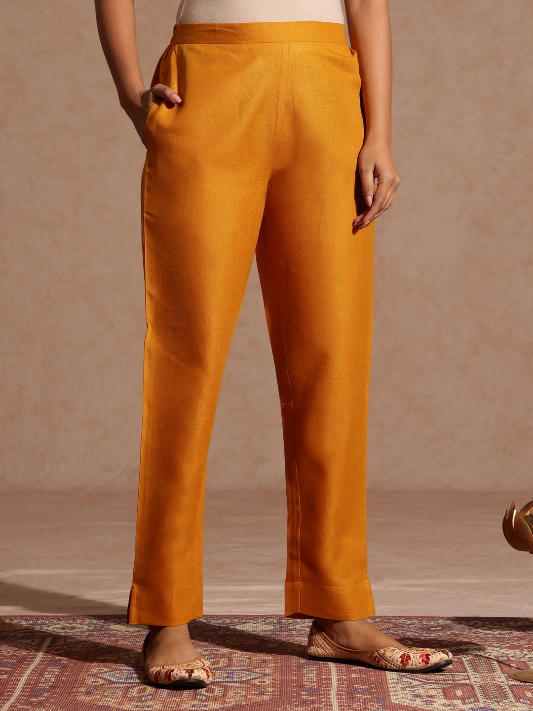 Janasya Women's Mustard Cotton Blend Yoke Design Straight Kurta Set