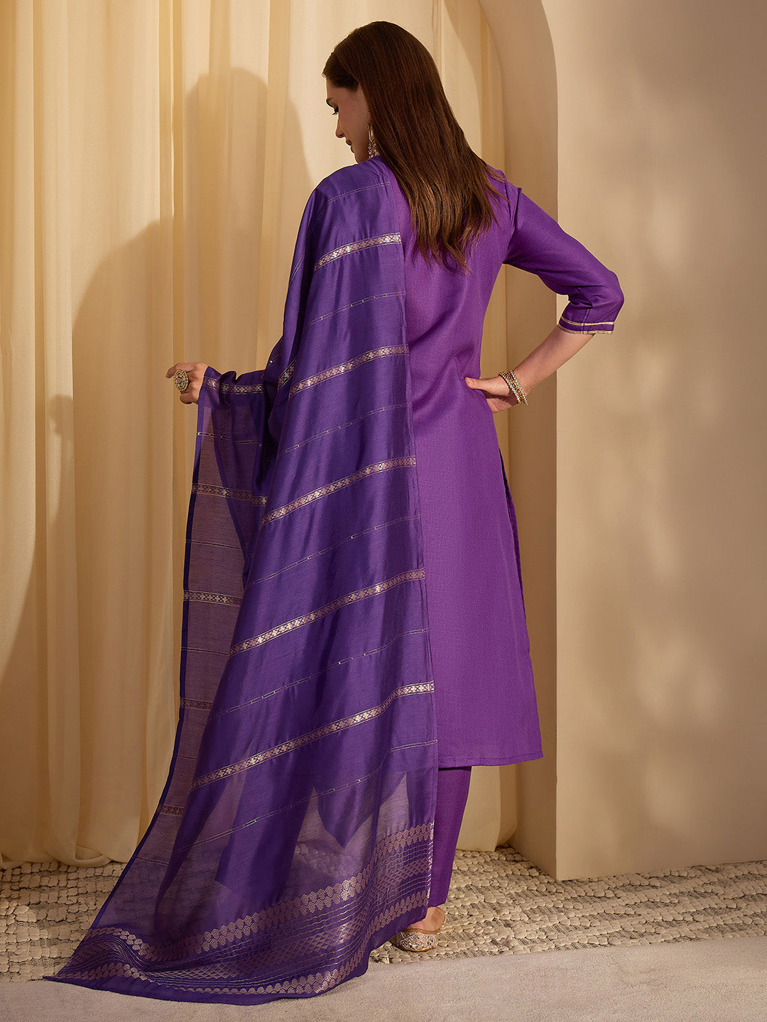 Janasya Women's Purple Cotton Blend Yoke Design Straight Kurta Set with Jacquard Dupatta