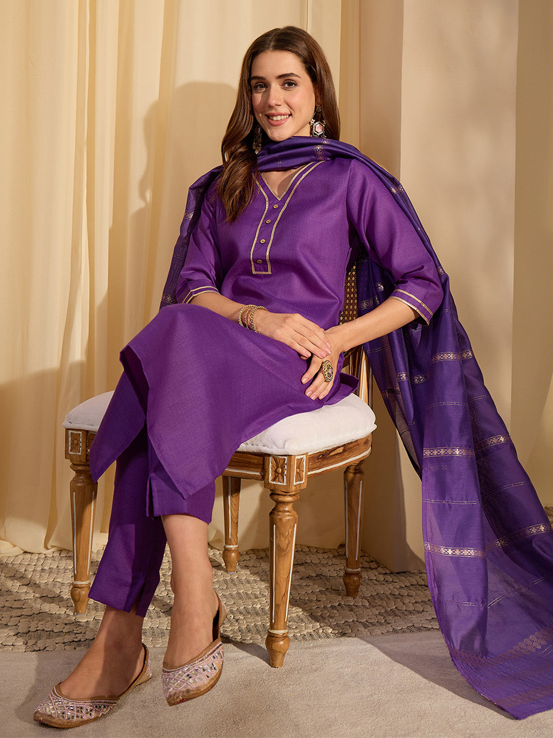 Janasya Women's Purple Cotton Blend Yoke Design Straight Kurta Set with Jacquard Dupatta