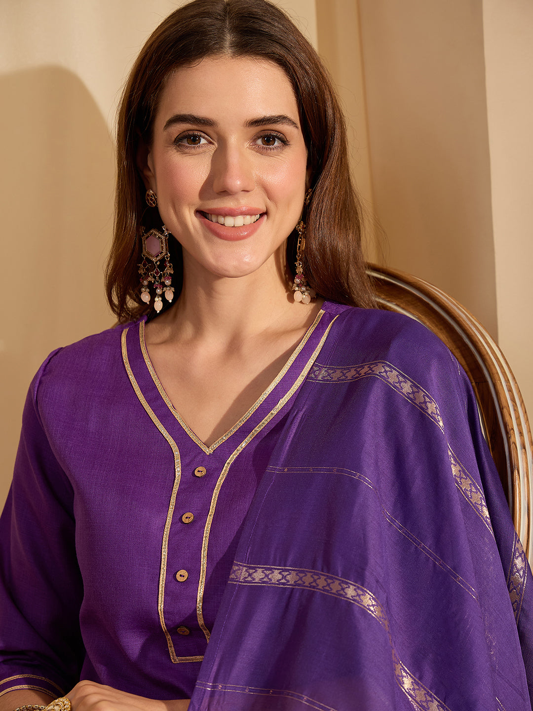 Janasya Women's Purple Cotton Blend Yoke Design Straight Kurta Set with Jacquard Dupatta