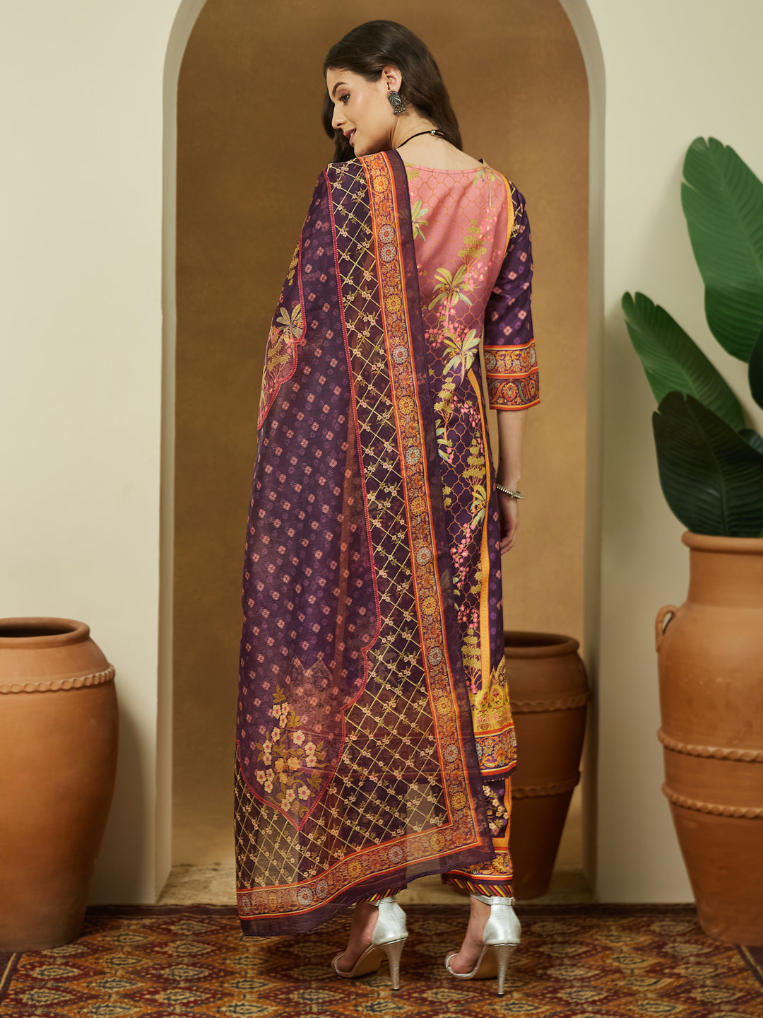 Janasya Women's Purple Cotton Blend Floral Printed Straight Kurta Set