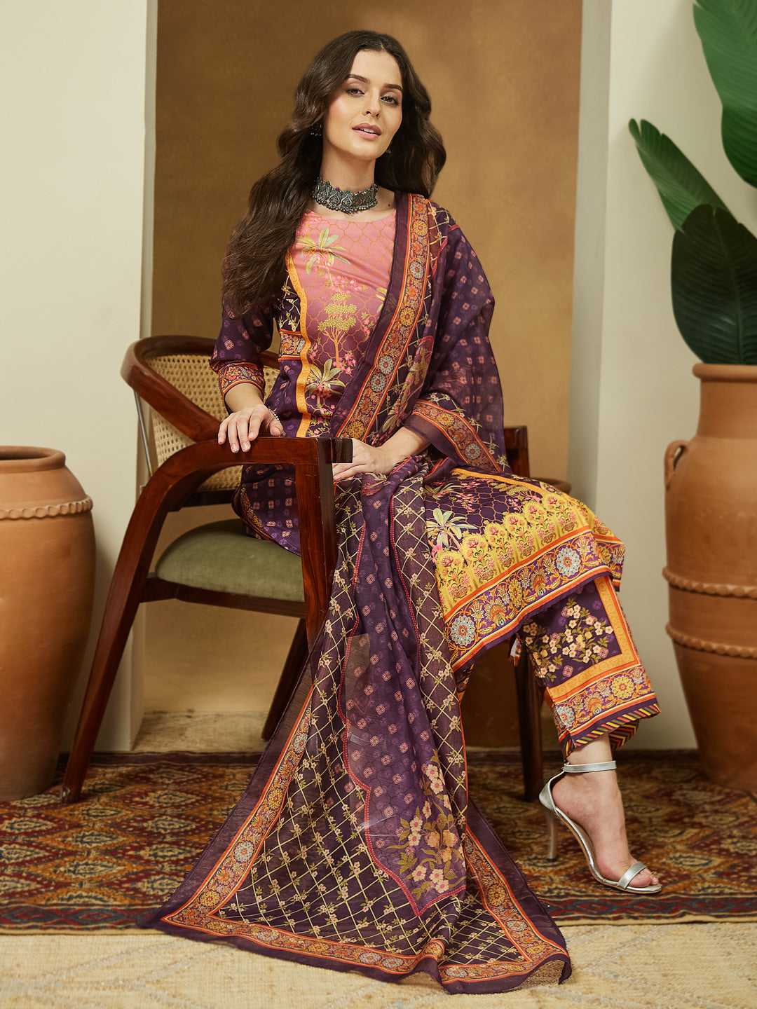 Janasya Women's Purple Cotton Blend Floral Printed Straight Kurta Set
