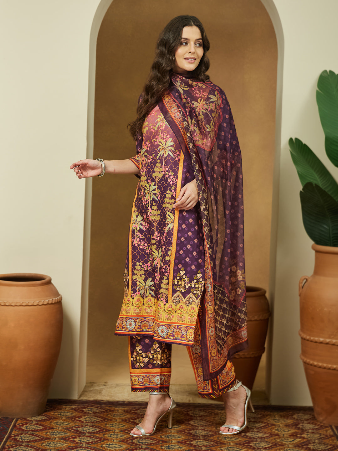 Janasya Women's Purple Cotton Blend Floral Printed Straight Kurta Set