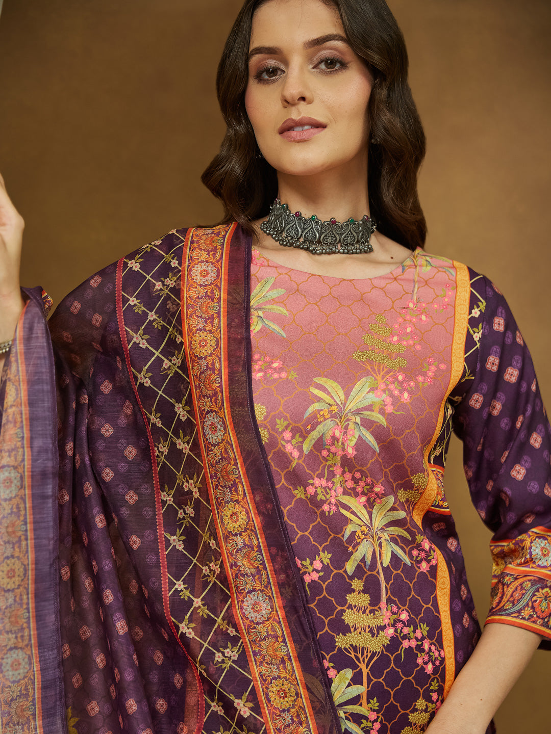 Janasya Women's Purple Cotton Blend Floral Printed Straight Kurta Set