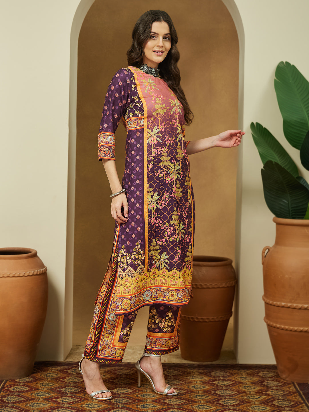 Janasya Women's Purple Cotton Blend Floral Printed Straight Kurta Set