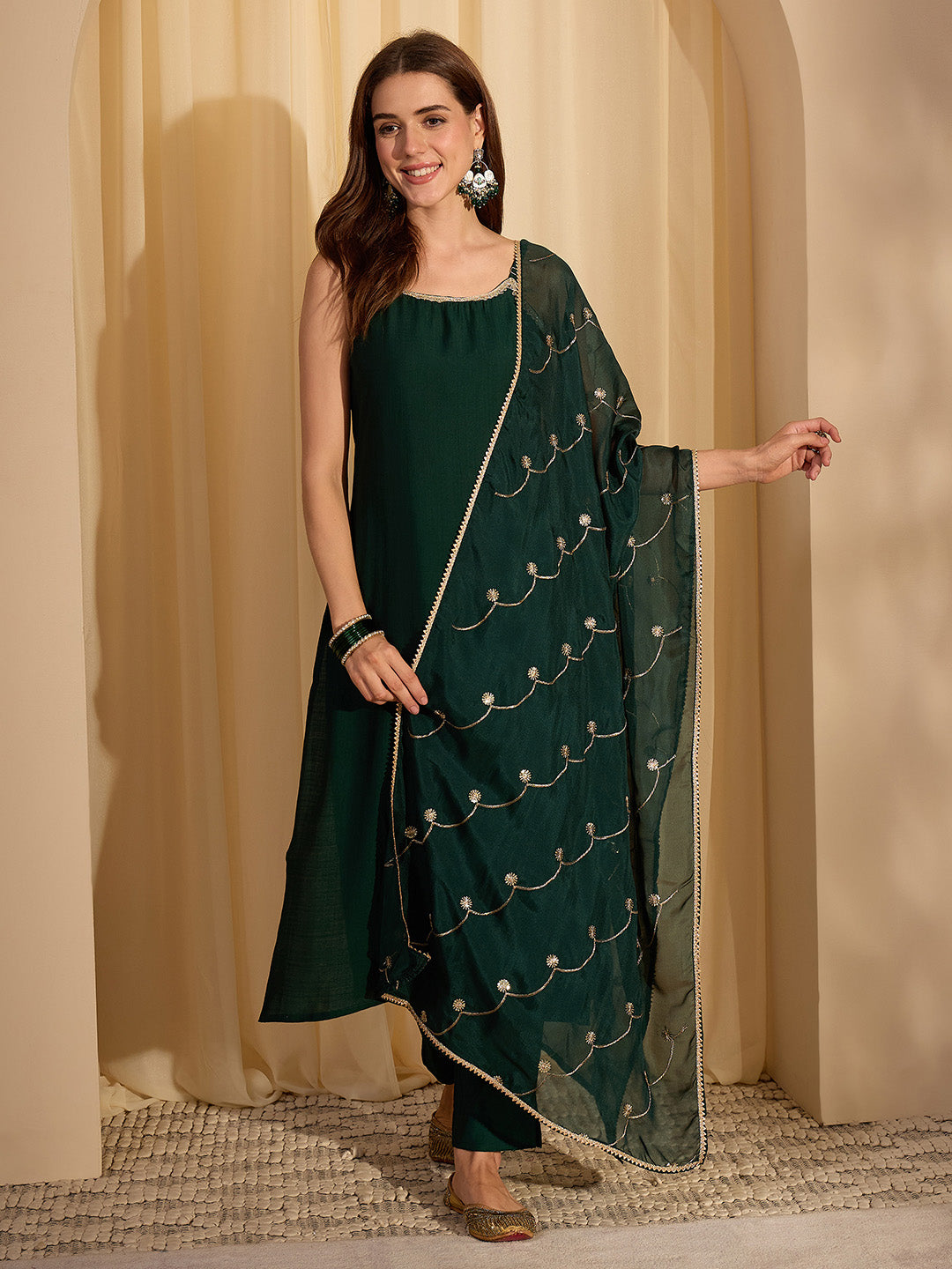 Janasya Women's Bottle Green Silk Blend Embellished Straight Kurta Set with Embroidered Dupatta