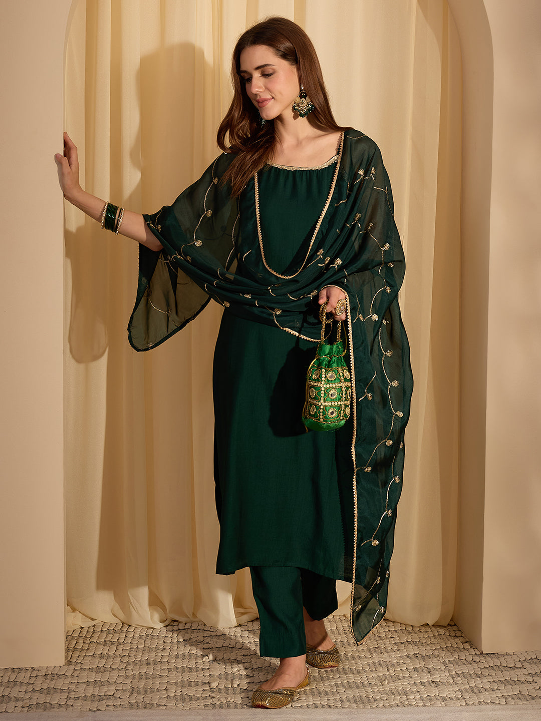 Janasya Women's Bottle Green Silk Blend Embellished Straight Kurta Set with Embroidered Dupatta
