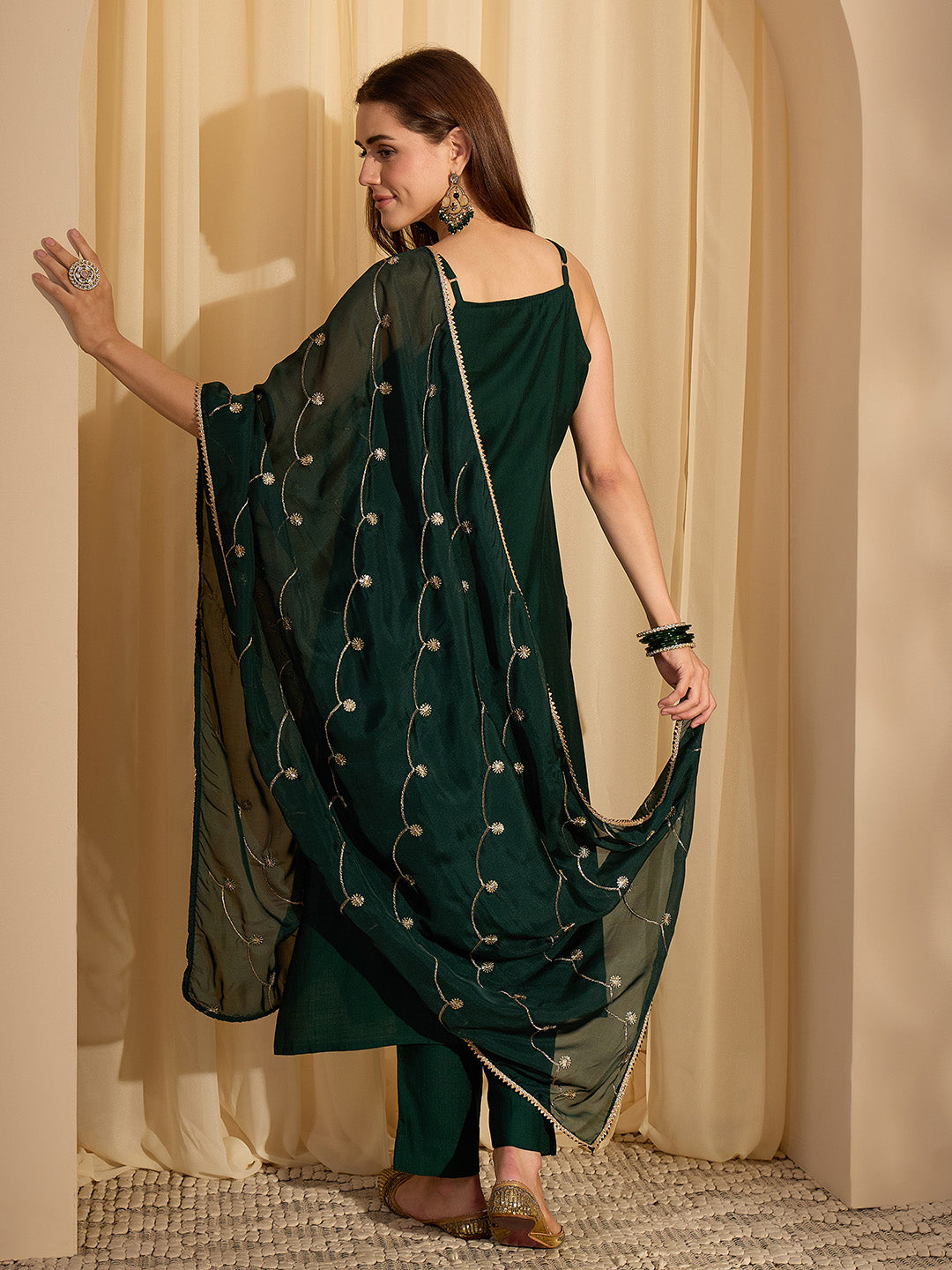 Janasya Women's Bottle Green Silk Blend Embellished Straight Kurta Set with Embroidered Dupatta