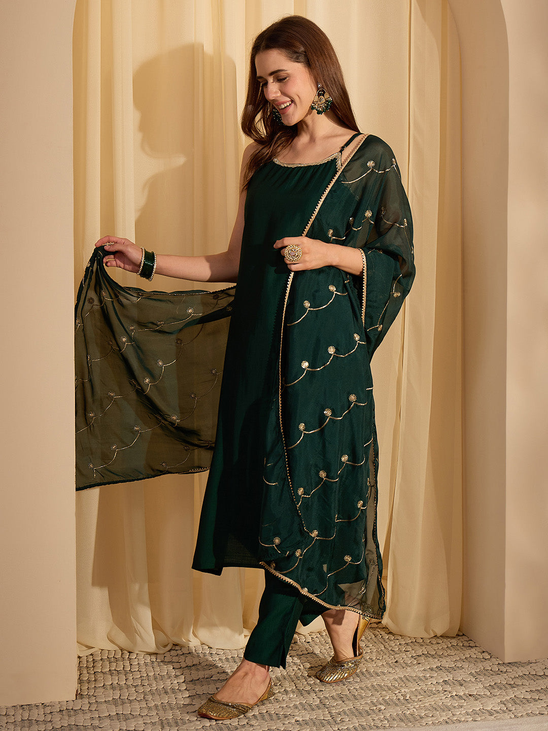 Janasya Women's Bottle Green Silk Blend Embellished Straight Kurta Set with Embroidered Dupatta