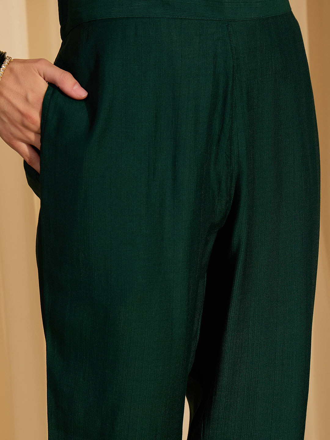Janasya Women's Bottle Green Silk Blend Embellished Straight Kurta Set with Embroidered Dupatta