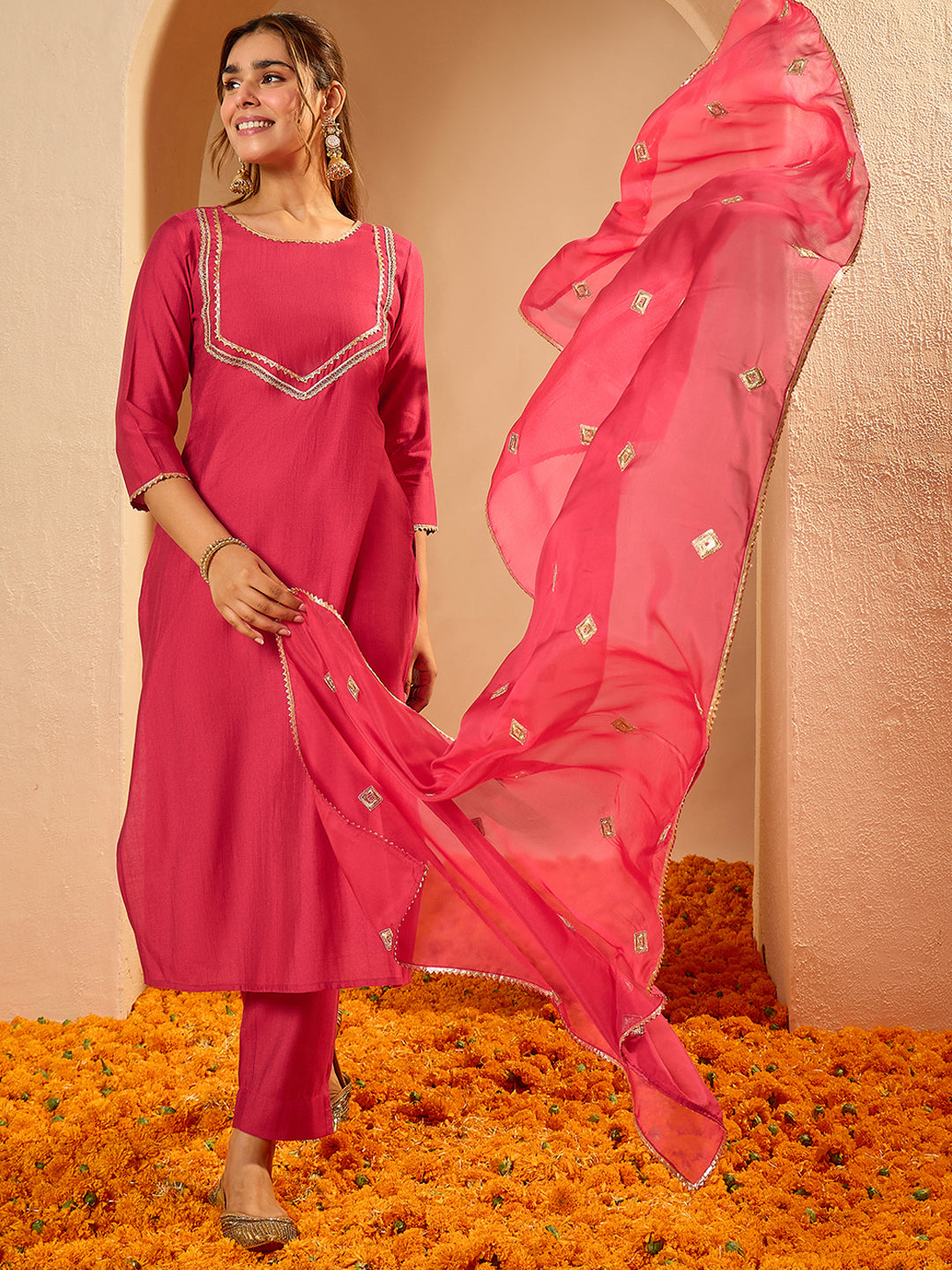 Janasya Women's Pink Silk Blend Embellished Zari Yoke Design Straight Kurta Set