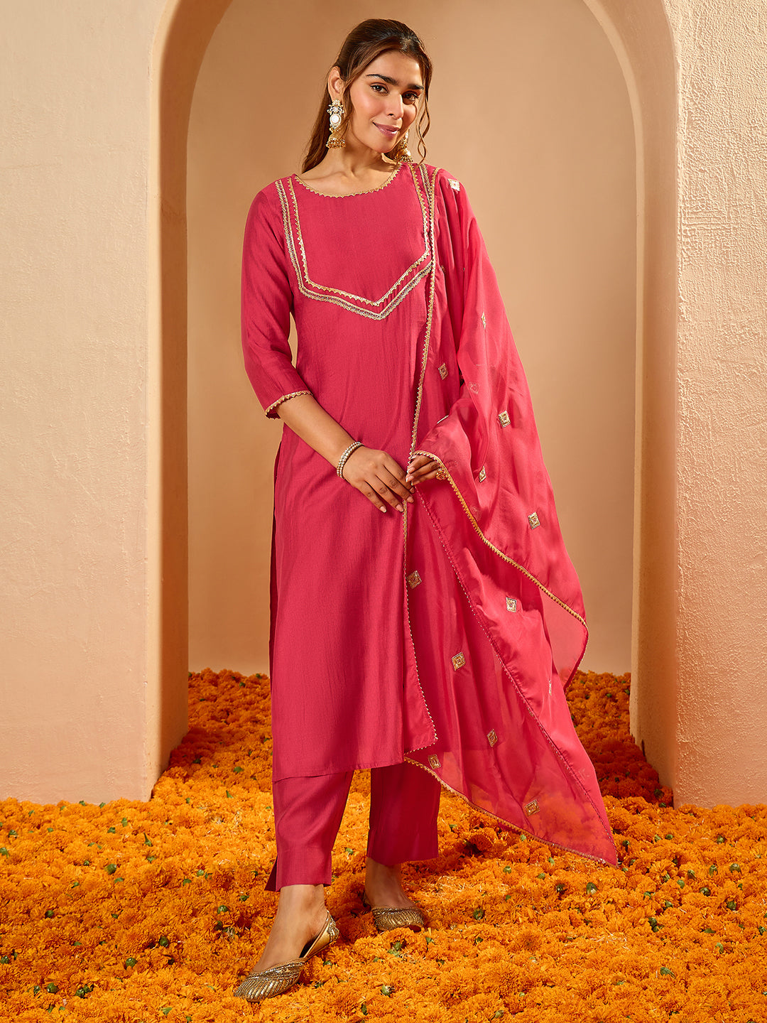 Janasya Women's Pink Silk Blend Embellished Zari Yoke Design Straight Kurta Set