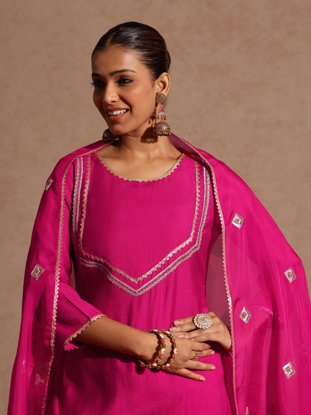 Janasya Women's Pink Silk Blend Embellished Yoke Design Straight Kurta Set