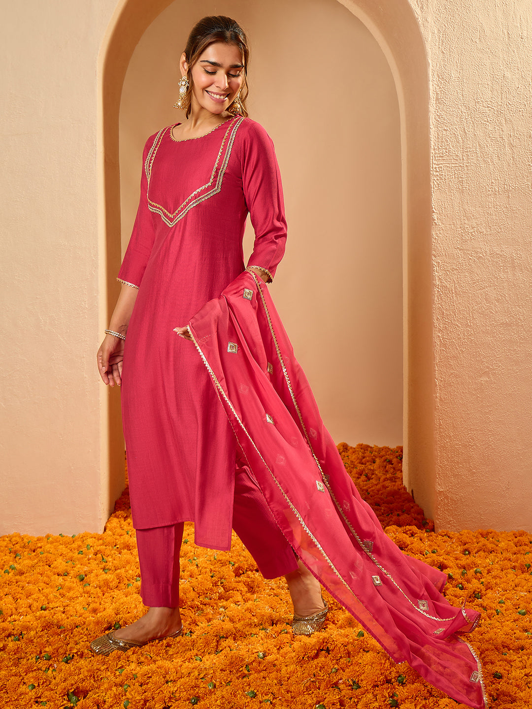 Janasya Women's Pink Silk Blend Embellished Zari Yoke Design Straight Kurta Set