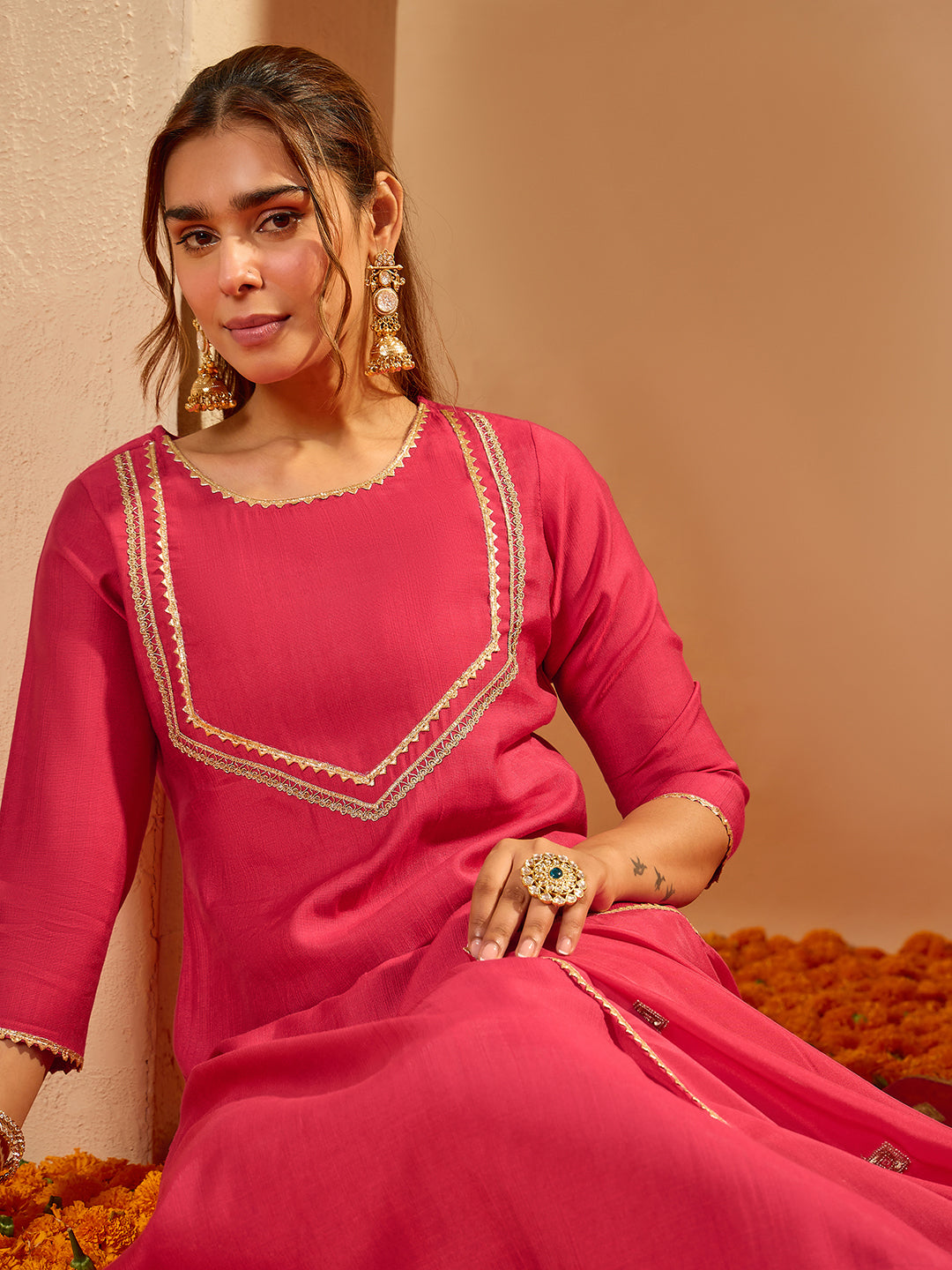 Janasya Women's Pink Silk Blend Embellished Zari Yoke Design Straight Kurta Set