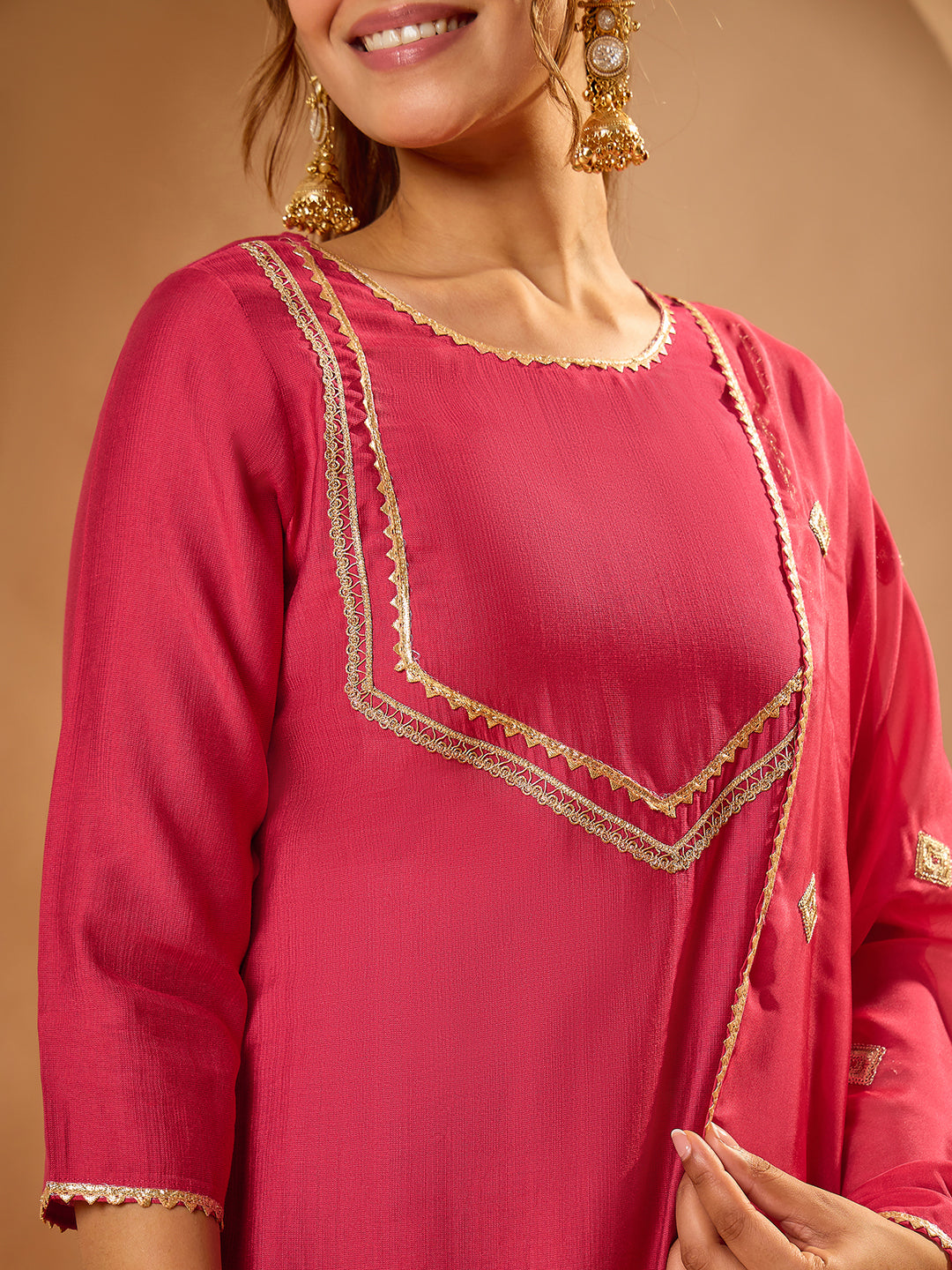 Janasya Women's Pink Silk Blend Embellished Zari Yoke Design Straight Kurta Set