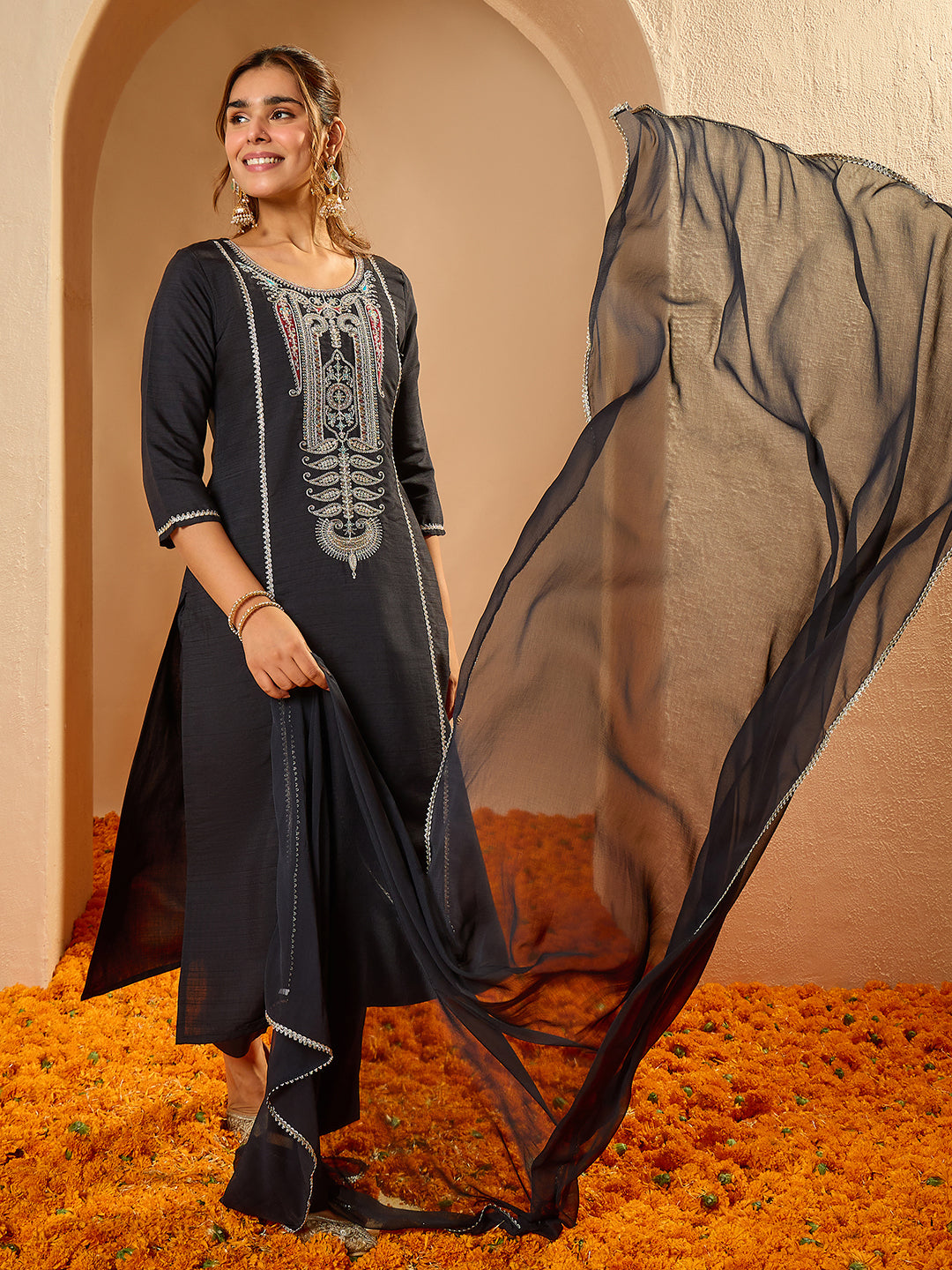 Janasya Women's Black Silk Blend Zari Embroidered Straight Kurta Set